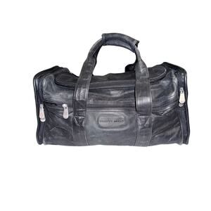 Sharper image black leather duffel bag travel carry on weekender top handle gym
